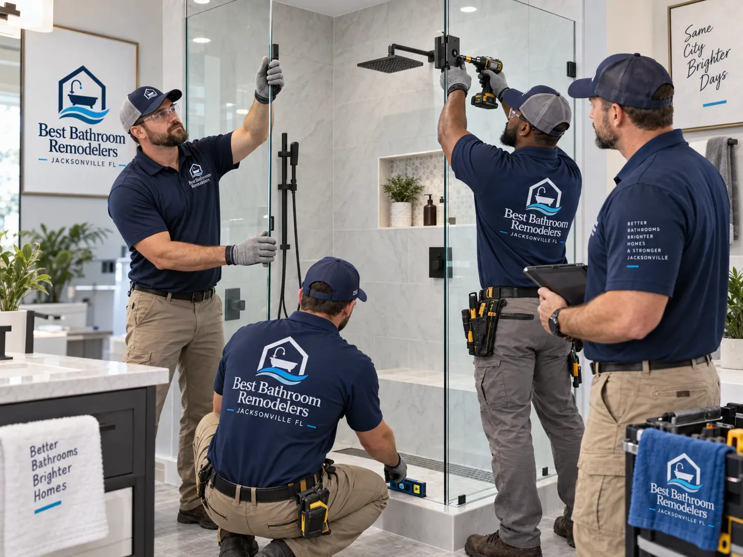 Frameless shower glass during a residential bathroom remodel in Jacksonville