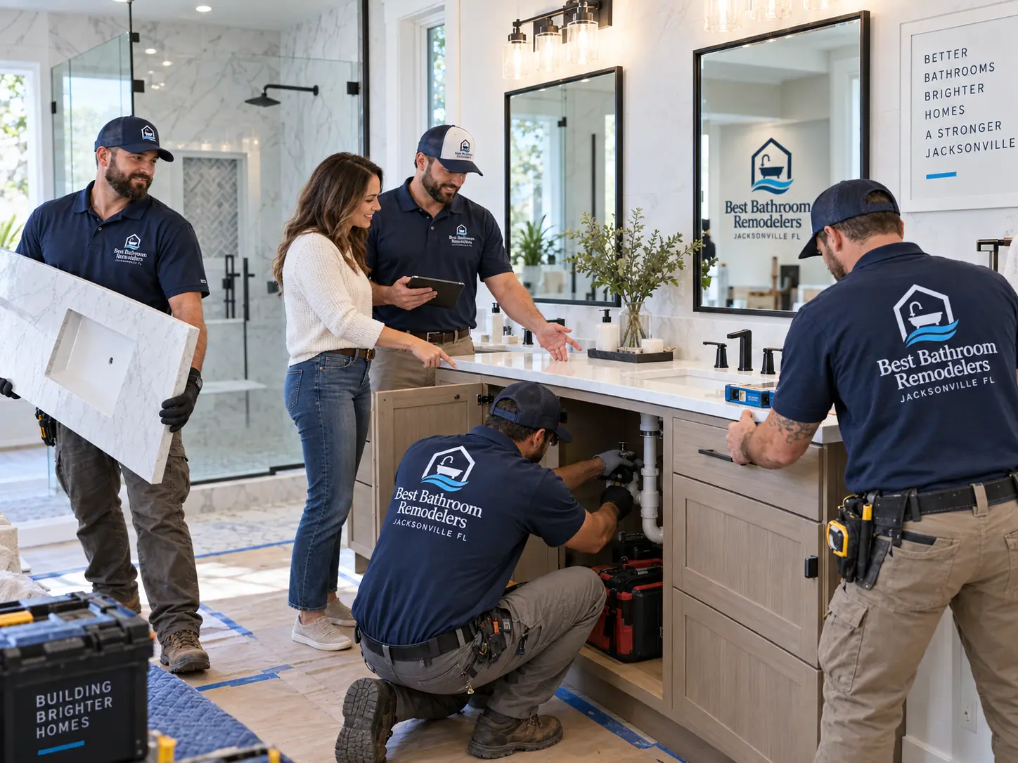 Vanity and plumbing installation during a residential bathroom remodel in Jacksonville