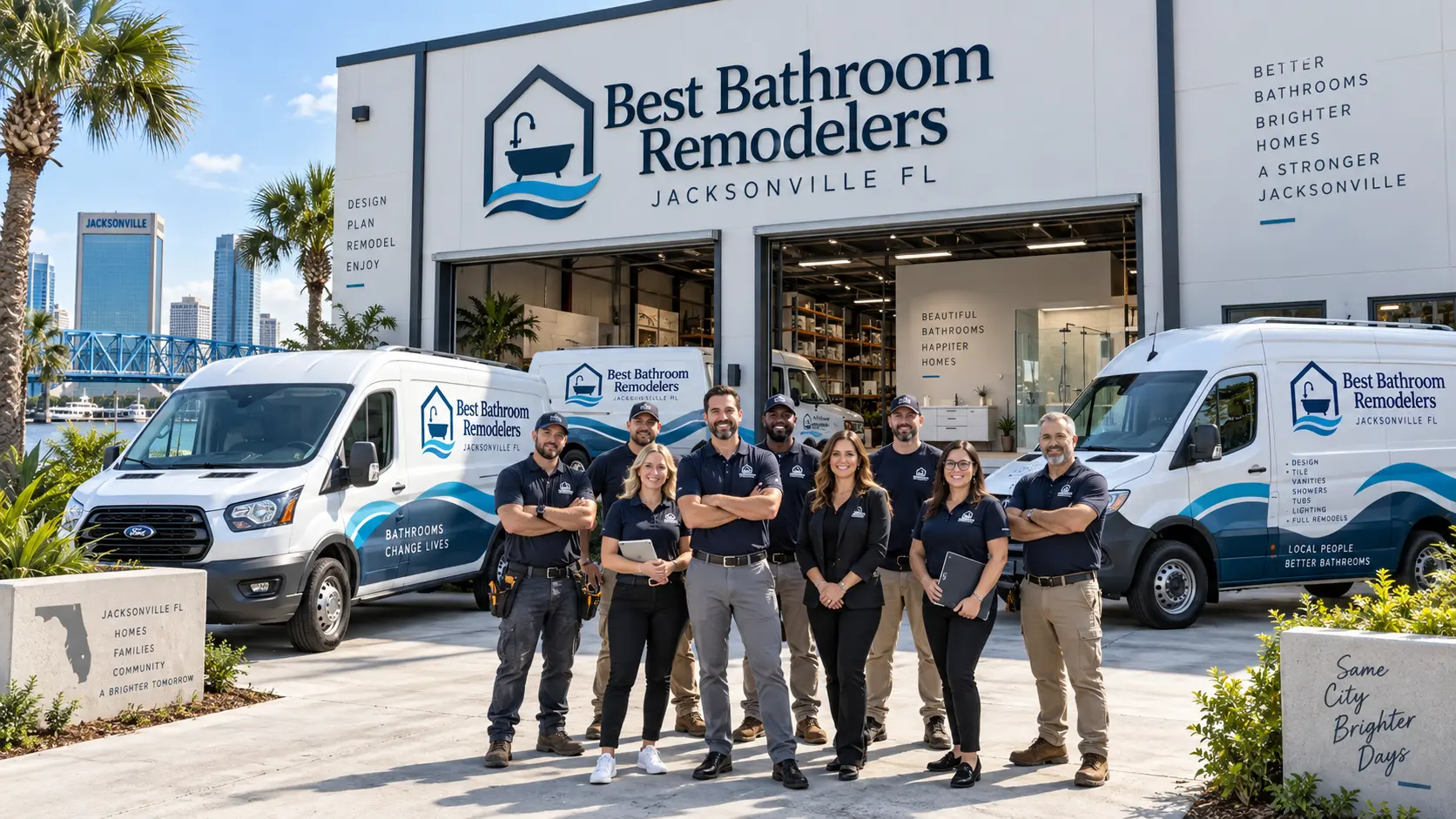 Best Bathroom Remodelers team and service vans outside our Jacksonville, Florida location